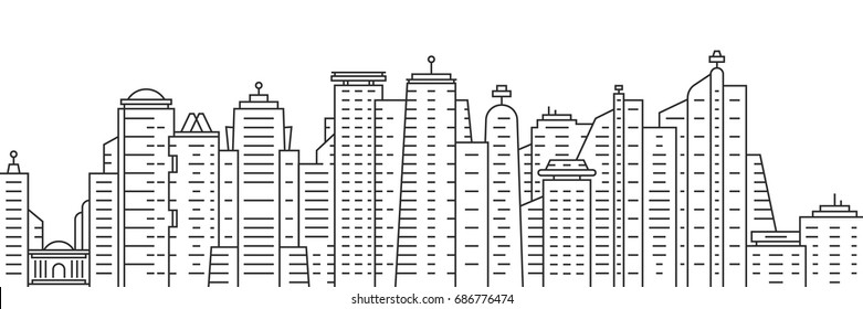 thin line city panoramic view on white background. simple flat style trend modern logotype or minimal graphic black art design. concept of panorama of downtown area like hong kong and neighborhood