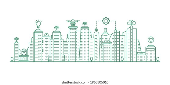 thin line city skyline like smart iot in smartcity. abstract linear modern graphic house green stroke design web element isolated on white background. concept of eco sustainable energy town system