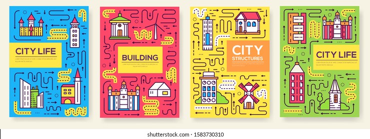 Thin line city skylines brochure cards set.  Uburban different buildings template of flyear, magazines, poster, book cover, banners. Outline invitation concept.