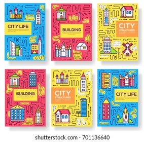 Thin line city skylines brochure cards set.  Uburban different buildings template of flyear, magazines, poster, book cover, banners. Outline invitation concept.