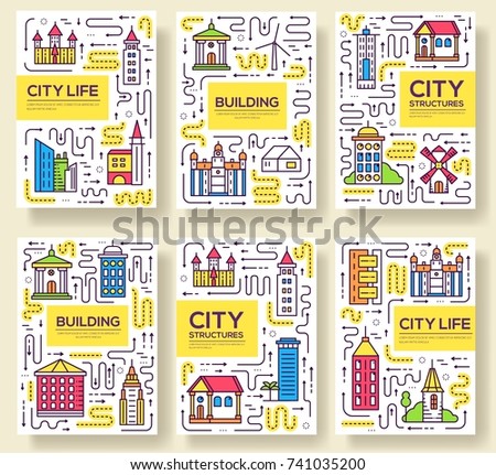 Thin line city skylines brochure cards set.  Uburban different buildings template of flyear, magazines, poster, book cover, banners. Outline invitation concept.