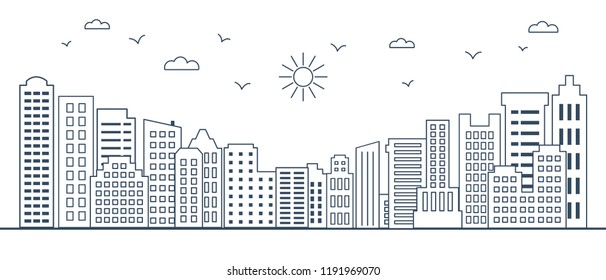 thin line cityscape. Urban landscape with business buildings. Vector illustration of modern city buildings. Thin line design elements of city scape.