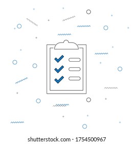 Thin Line Clipboard with Check List Icon. Minimalist Approve Related Vectors. Check mark symbol. Pattern Design with Blue circles and lines. Editable Stroke. Pixel Perfect.