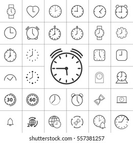 thin line clock, alarm icon on white background, time set