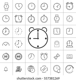 thin line clock, alarm icon on white background, time set