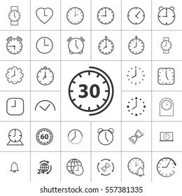 thin line clock, alarm icon on white background, time set