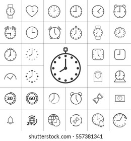 thin line clock, alarm icon on white background, time set