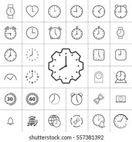 thin line clock, alarm icon on white background, time set