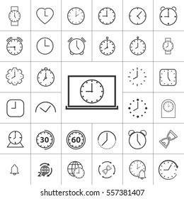 thin line clock, alarm icon on white background, time set