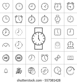 thin line clock, alarm icon on white background, time set