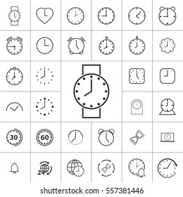 thin line clock, alarm icon on white background, time set