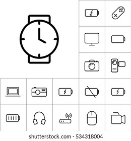 thin line clock, wrist watch, icon on white background, gadgets set