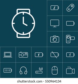 thin line clock, wrist watch, icon on blue background, gadgets set