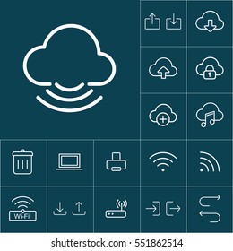 thin line cloud icon on blue background, web internet icons set