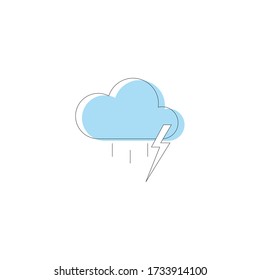 Thin line cloud illustration with blue silhouette and lightning on white background. Severe weather. Minimalist weather icons. Forecast symbols. 
