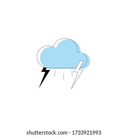 Thin line cloud illustration with blue silhouette and lightning on white background. Severe weather. Editable stroke. Minimalist weather icons. Forecast symbols. 