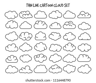 Thin line clouds. Vector linear cloud silhouette icons for internet technology concepts, cartoon shapes nubes outline symbols