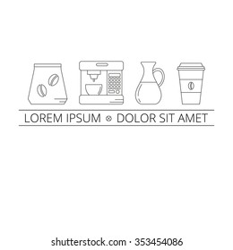 Thin line coffee icons with tag. 
