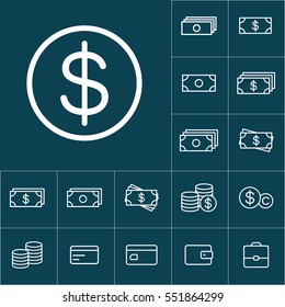 thin line coin icon on blue background, money icons set