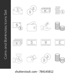 Thin Line Coins and Banknotes Icons