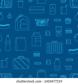 Thin Line Color School Lunch Food Boxes Seamless Pattern Background Include of Sandwich, Fruit, Milk, Cup with Straw and Fried. Vector illustration