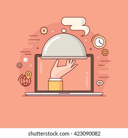 Thin Line Colorful Flat Design Vector Illustration Concept For Food Delivery Service. Delivery Of Prepared Meal From Restaurant. Online Ordering Of Food. Isolated On Bright Background