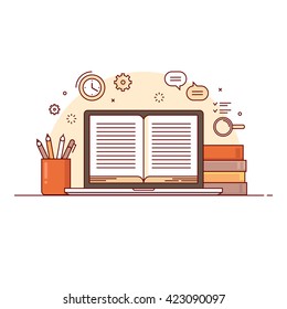 Thin line colorful flat design vector illustration of book on display of laptop in workspace. Concept for webinar, video tutorials, online learning. Isolated on white