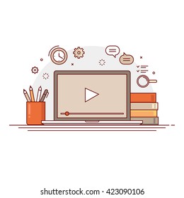 Thin line colorful flat design vector illustration of video material on display of laptop in workspace. Concept for webinar, video tutorials, online learning. Isolated on white