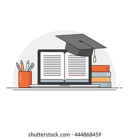 Thin line colorful flat design vector illustration concept for online learning, distance education. Isolated on white