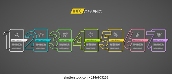 Thin line colorful Infographic design template on a dark background with icons and 7 options or steps.  Can be used for process diagram, presentations, workflow layout, banner, flow chart, info graph.