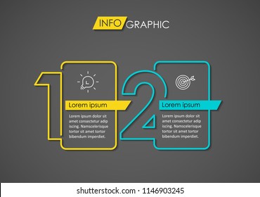 Thin line colorful Infographic design template on a dark background with icons and 2 options or steps.  Can be used for process diagram, presentations, workflow layout, banner, flow chart, info graph.