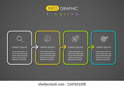 Thin line colorful Infographic design template on a dark background with icons and 4 options or steps.  Can be used for process diagram, presentations, workflow layout, banner, flow chart, info graph.