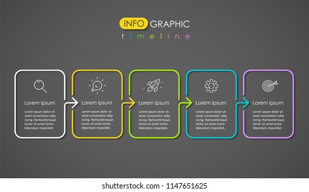 Thin line colorful Infographic design template on a dark background with icons and 5 options or steps. Can be used for process diagram, presentations, workflow layout, banner, flow chart, info graph. Thin line colorful Infographic design template on a dark background with icons and 5 options or steps. Can be used for process diagram, presentations, workflow layout, banner, flow chart, info graph.