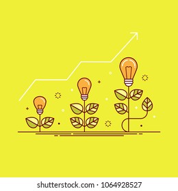 Thin line colorful vector illustration of plants with light bulbs, concept for growing ideas, startup, innovation isolated on bright background