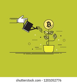Thin line colorful vector illustration of a hand watering bitcoin plant isolated on bright background