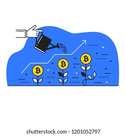 Thin line colorful vector illustration of a hand watering growing bitcoin plants isolated on white