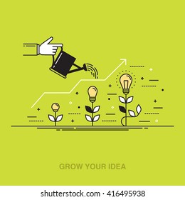 Thin line colorful vector illustration of a hand watering light bulbs, concept for creative innovative work, investing into ideas, growing business, innovation isolated on bright background