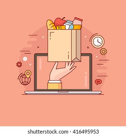 Thin Line Colorful Vector Illustration Concept For Online Ordering Of Food, Grocery Delivery, E-commerce Isolated On Bright Background