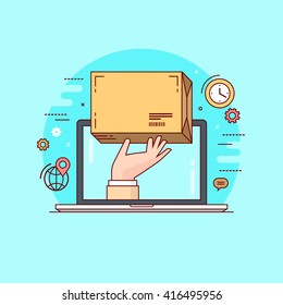 Thin line colorful vector illustration concept for delivery service, e-commerce, online shopping isolated on bright background