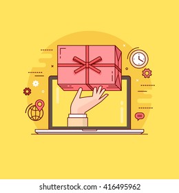 Thin line colorful vector illustration concept for gift delivery service, e-commerce, online shopping isolated on bright background