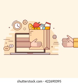 Thin line colorful vector illustration concept for online ordering of food. 