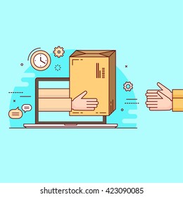 Thin line colorful vector illustration concept for delivery service, e-commerce, online shopping. Delivery of post. Delivery from courier to customer. Delivery of a buy. Isolated on bright background