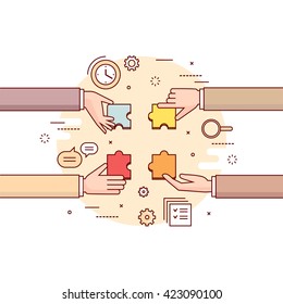 Thin line colorful vector illustration of hands gathering together puzzle pieces. Concept for teamwork, corporate business workflow, working process, searching solution isolated on white