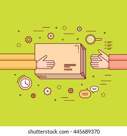 Concepto de ilustraciones vectoriales de color de línea delgada para el servicio de entrega, comercio electrónico, compras en línea, recepción de paquetes de mensajería al cliente aislado en un fondo brillante