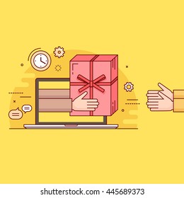 Thin line colorful vector illustration concept for gift delivery service, e-commerce, online shopping, receiving package from courier to customer isolated on bright background