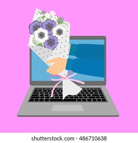 Thin line colorful vector illustration concept for online ordering and fast delivery of flowers isolated on bright background