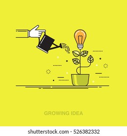 Thin line colorful vector illustration of a hand watering light bulb, concept for creative innovative work, investing into ideas, growing business, innovation isolated on bright background