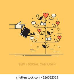 Thin line colorful vector illustration of a hand watering tree consisted of social media symbols, concept for social media marketing, engaging with followers isolated on bright background