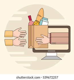 Thin line colorful vector illustration concept for food delivery service. Delivery from grocery store. Delivery of food from courier to customer. Isolated on bright background.
