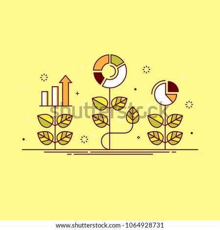Thin line colorful vector illustration of plants with graphs, concept for growing business, investment, getting profit, analytics isolated on bright background